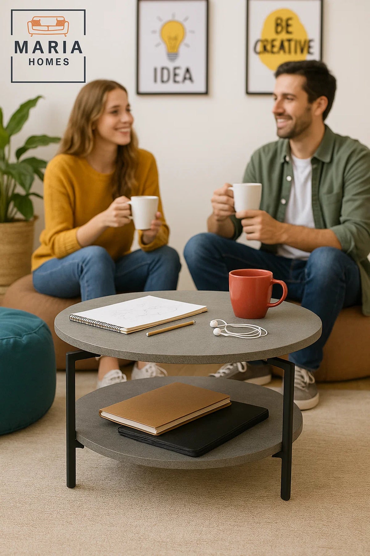 Dual-layer round coffee table in grey concrete finish