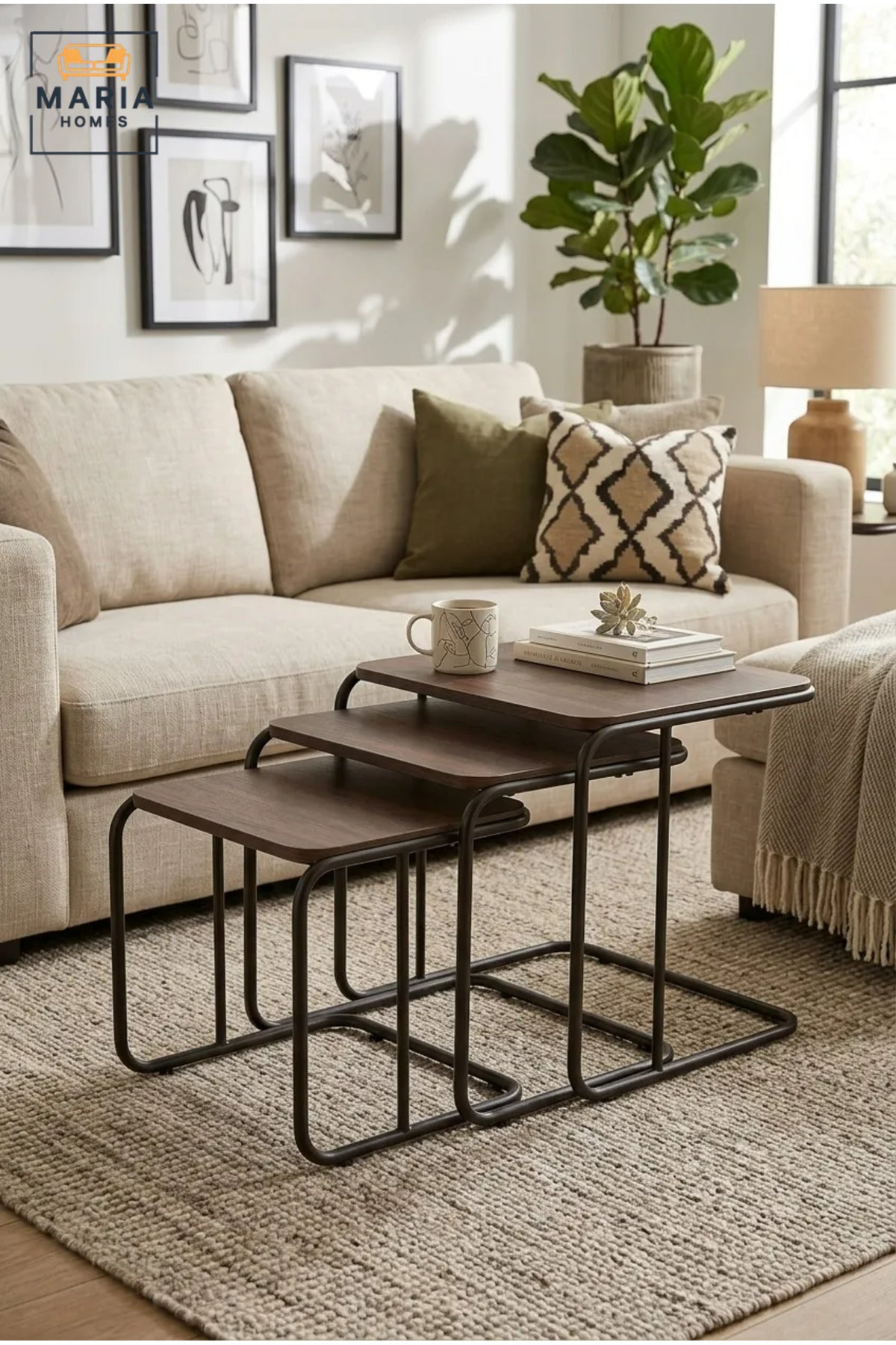 Set of 3 Nesting Side Tables with Wooden Tops and Metal Frames, Space-Saving End Tables for Living Room, Bedroom, Lounge and Office