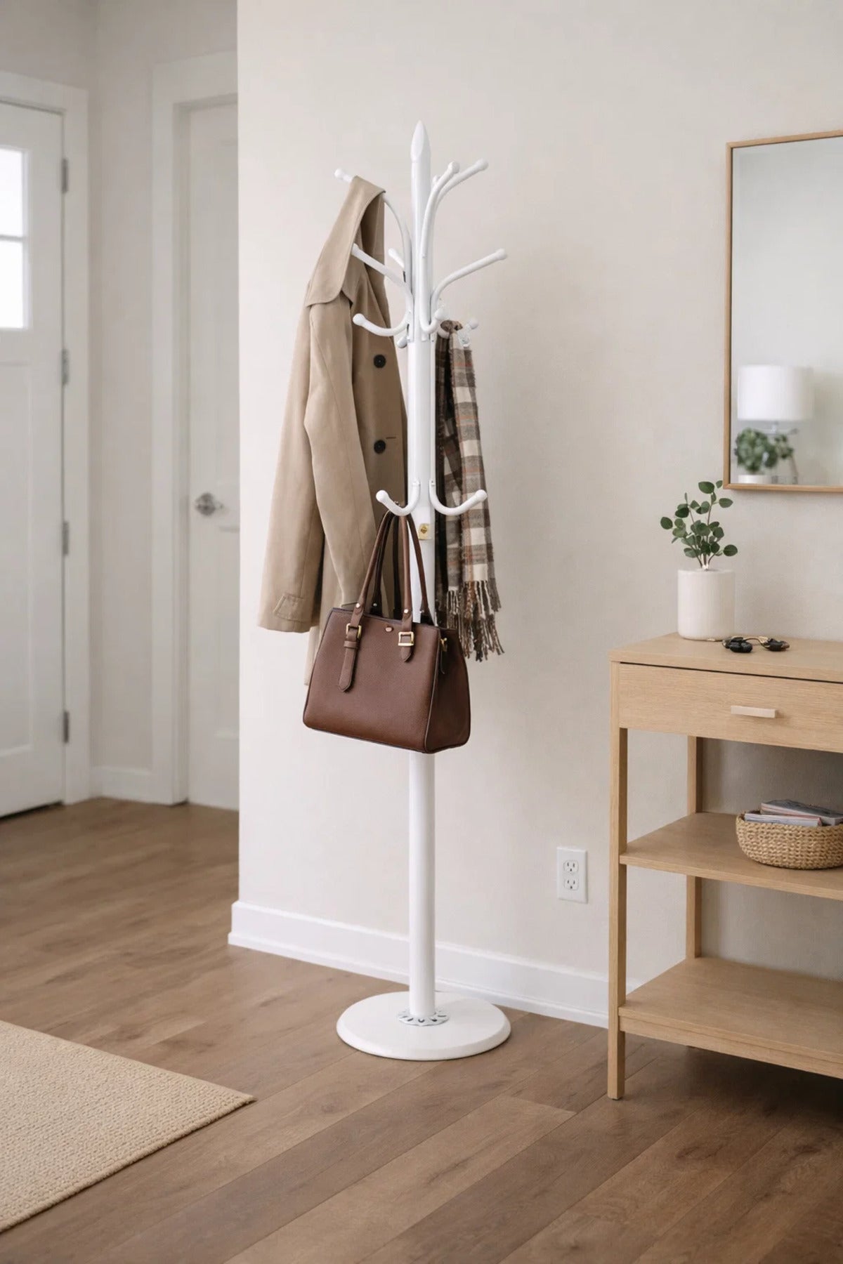 Modern White Metal Coat Rack Stand with Multiple Hooks