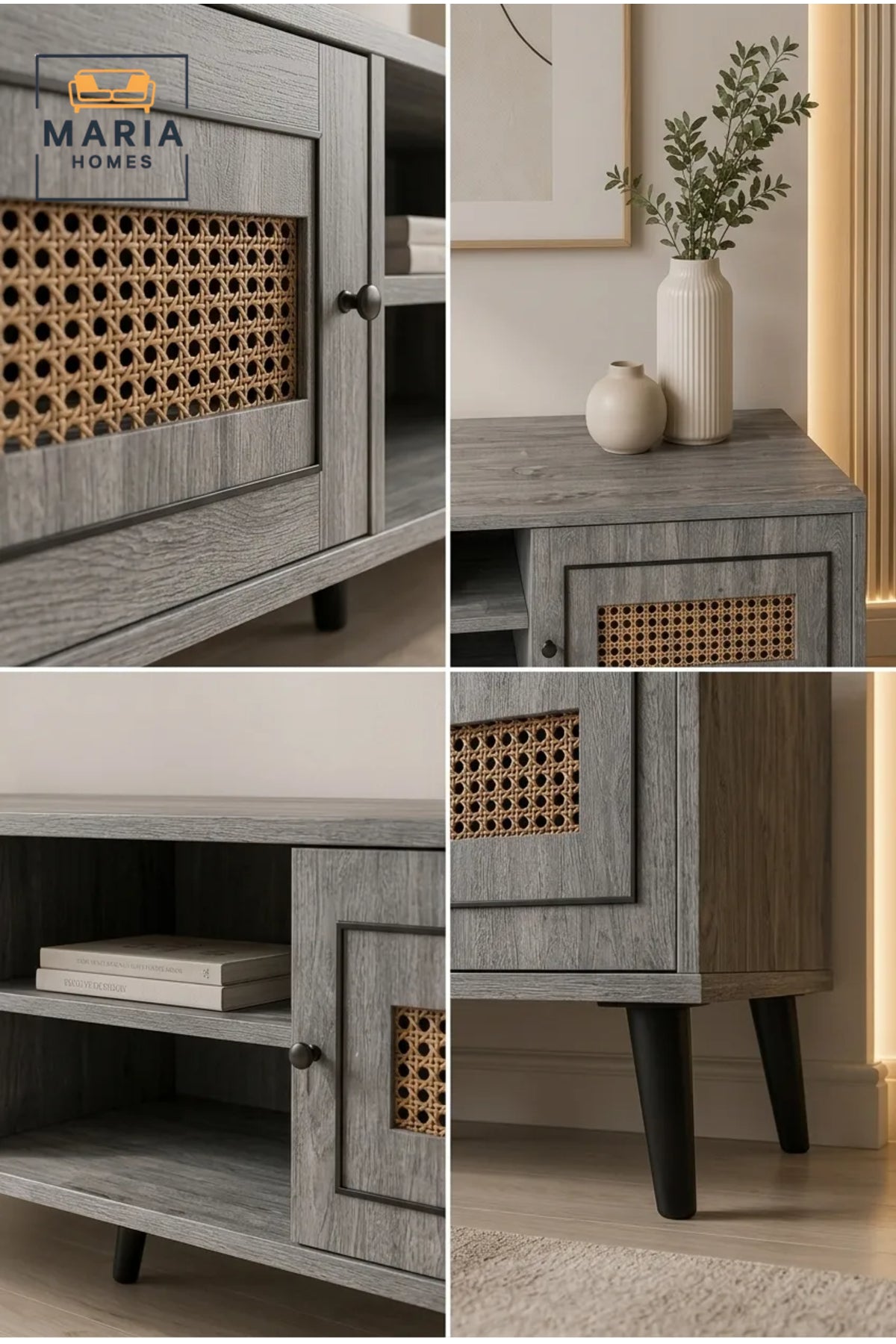 Modern Grey Rattan TV Unit 160 _ 40 _ 45 cm √ê Wooden Entertainment Center with Storage Cabinets and Open Shelves