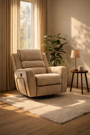 Premium Light Brown Fabric Swivel Rocker Recliner Chair with Contrast Piping for Living Room