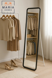 Black Full-Length Standing Mirror with Rounded Frame Sleek Design for Modern Bedroom or Dressing