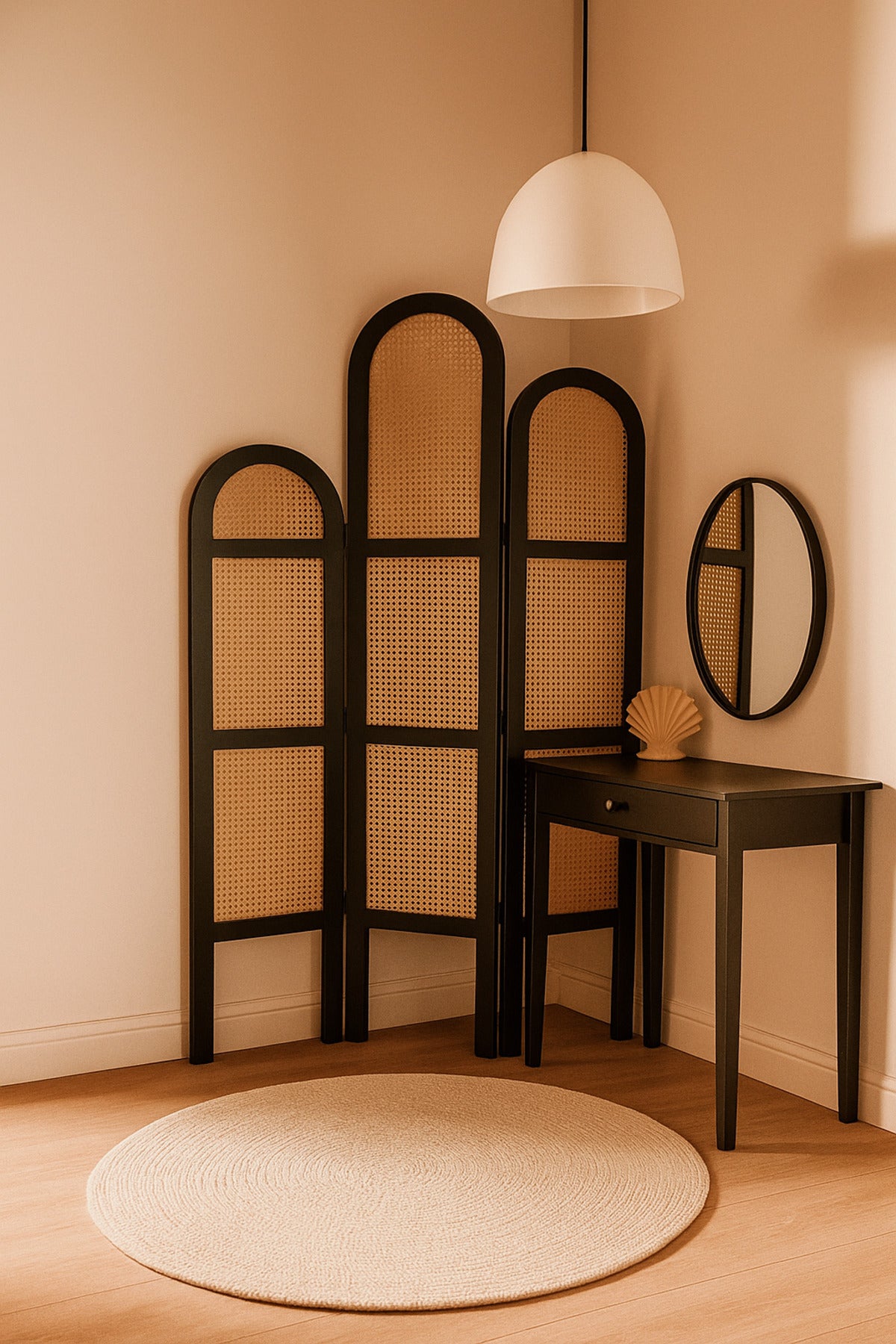 3-Panel Rattan Room Divider with Black Frame Ð 121_180 cm Modern Arched Privacy Screen