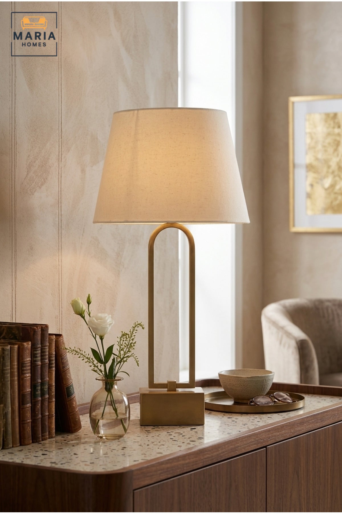 Modern Open Frame Table Lamp with White Fabric Shade, Antique Gold Tone Finish and Geometric Base for Bedroom, Living Room, Office, Hotel and Bedside Décor