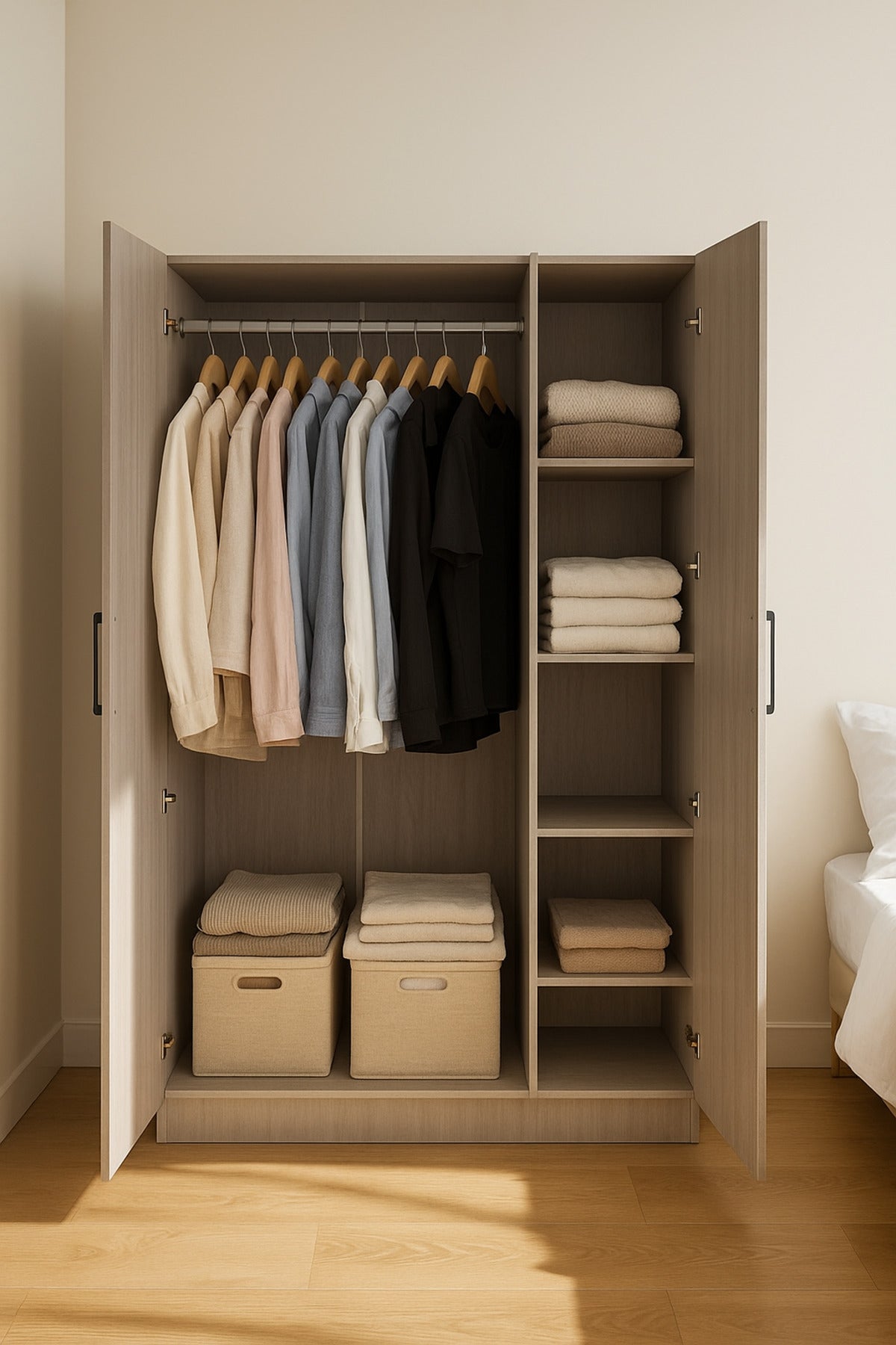 3-Door Wardrobe with Shelves Ð 120_54_200 cm Modern Light Gray Wooden Storage Cabinet
