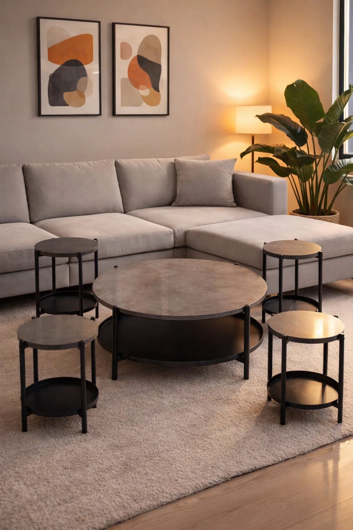Stylish 5Piece Round Coffee Table Set Grey Stone Effect Top Black Metal Frame with Shelf Living Room