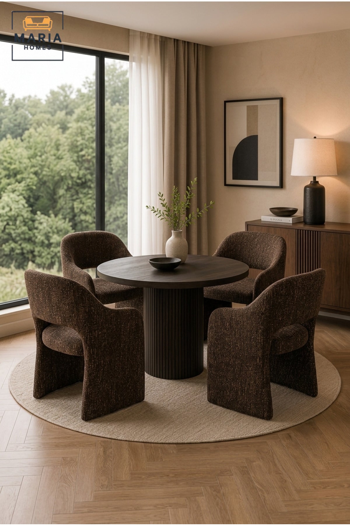 Modern Brown Fabric Accent Chair with Curved Backrest, Integrated Armrests, Open Back & Padded Seat, Contemporary Dining Lounge Chair for Living Room Office