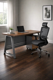 Modern Grey Office Desk with Wooden Top and Storage Drawer √ê Compact Executive Desk