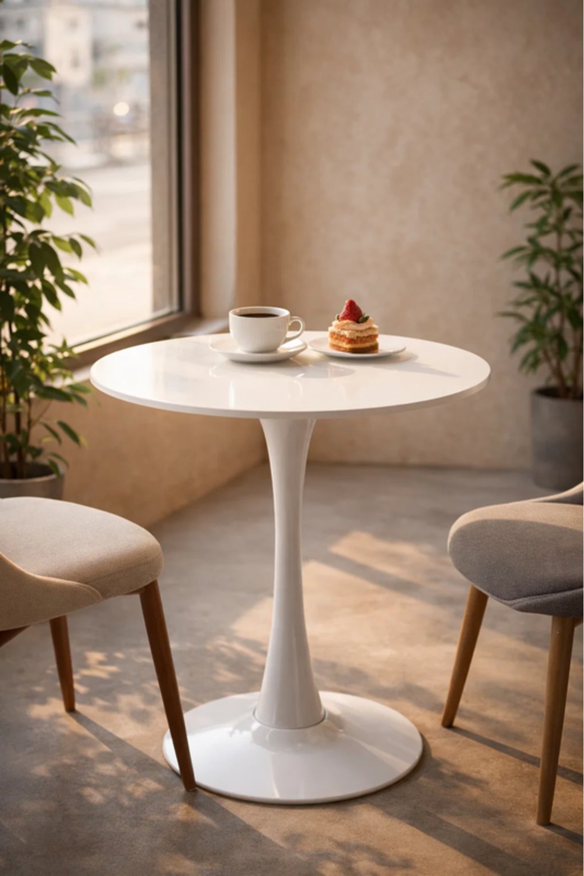 Modern Round White Café Table with Tulip Pedestal Base