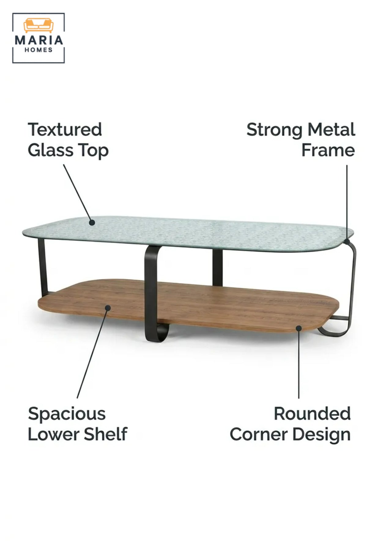 Modern Rectangular Coffee Table with Textured Glass Top, Wooden Lower Shelf and Curved Frame, Two-Level Center Table for Living Room, Lounge and Office
