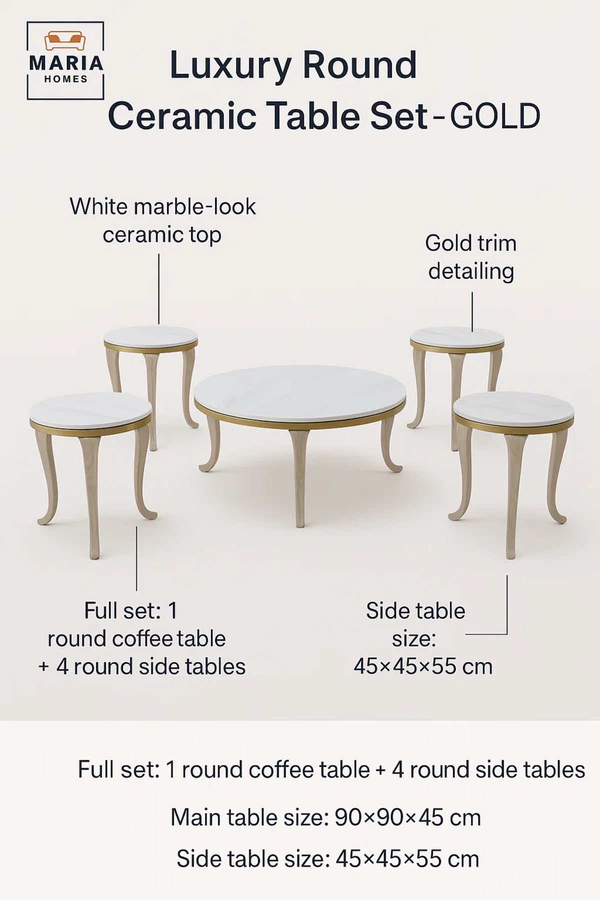 Ceramic Marble Tea Table Set 1+4 – Round Coffee Table and Side Tables 90×90×45 / 45×45×55