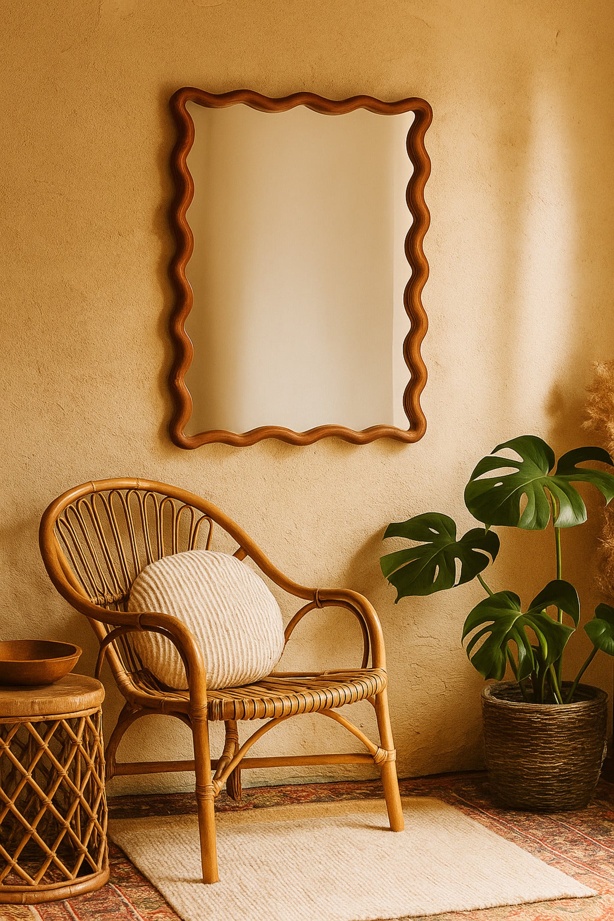 Wavy Edge Decorative Wall Mirror with Wooden Frame Ð Natural 60_90 cm