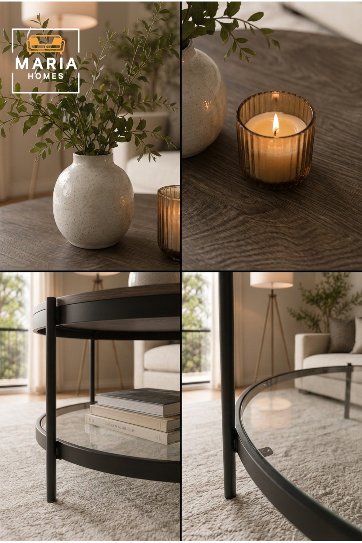 Modern Round Coffee Table Wooden Top with Glass Shelf Center Table for Living Room Black