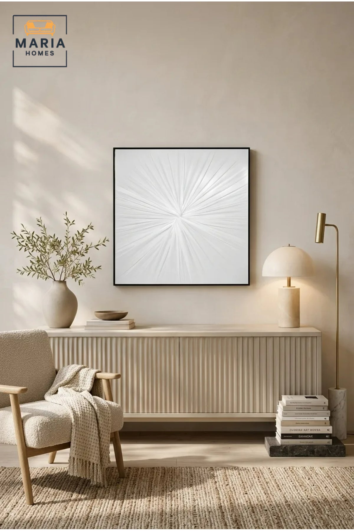 White Sunburst Textured Wall Art with Black Frame Ð Modern Abstract Statement Artwork