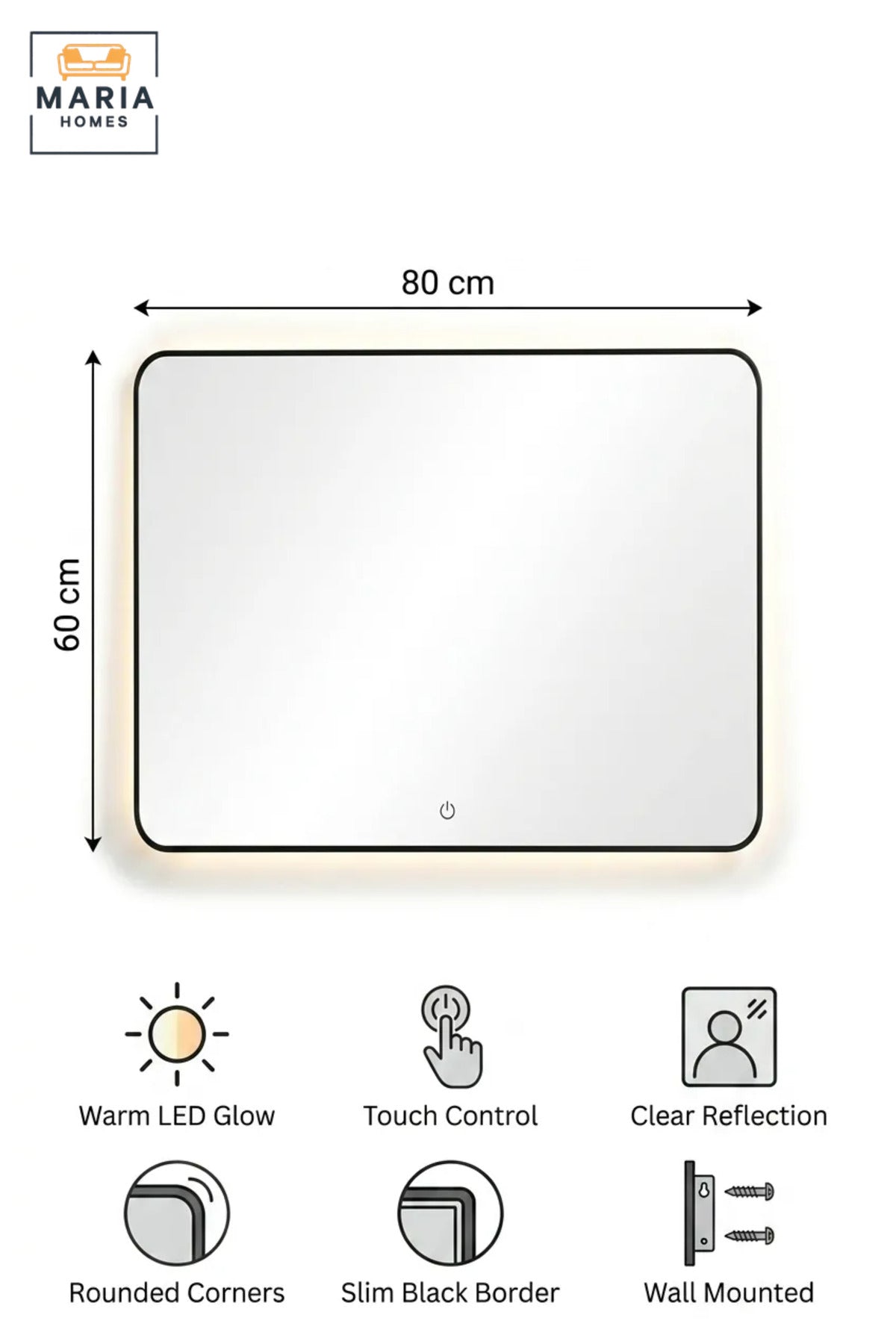 Rectangular LED Wall Mirror 80 × 60 cm with Touch Sensor, Rounded Corners and Backlit Illumination for Bathroom, Bedroom, Dressing Area and Vanity