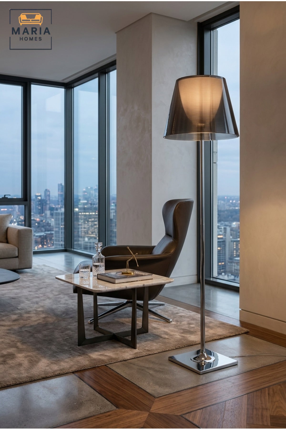 Modern Chrome Floor Lamp with Smoked Transparent Shade, Slim Upright Stand and Square Base Decorative Standing Light for Living Room Bedroom and Office