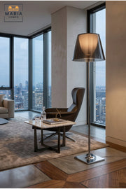 Modern Chrome Floor Lamp with Smoked Transparent Shade, Slim Upright Stand and Square Base Decorative Standing Light for Living Room Bedroom and Office