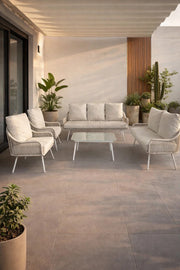 Elegant White and Beige 7Piece Sofa Set with Glass Coffee Table Outdoor or Indoor Seating