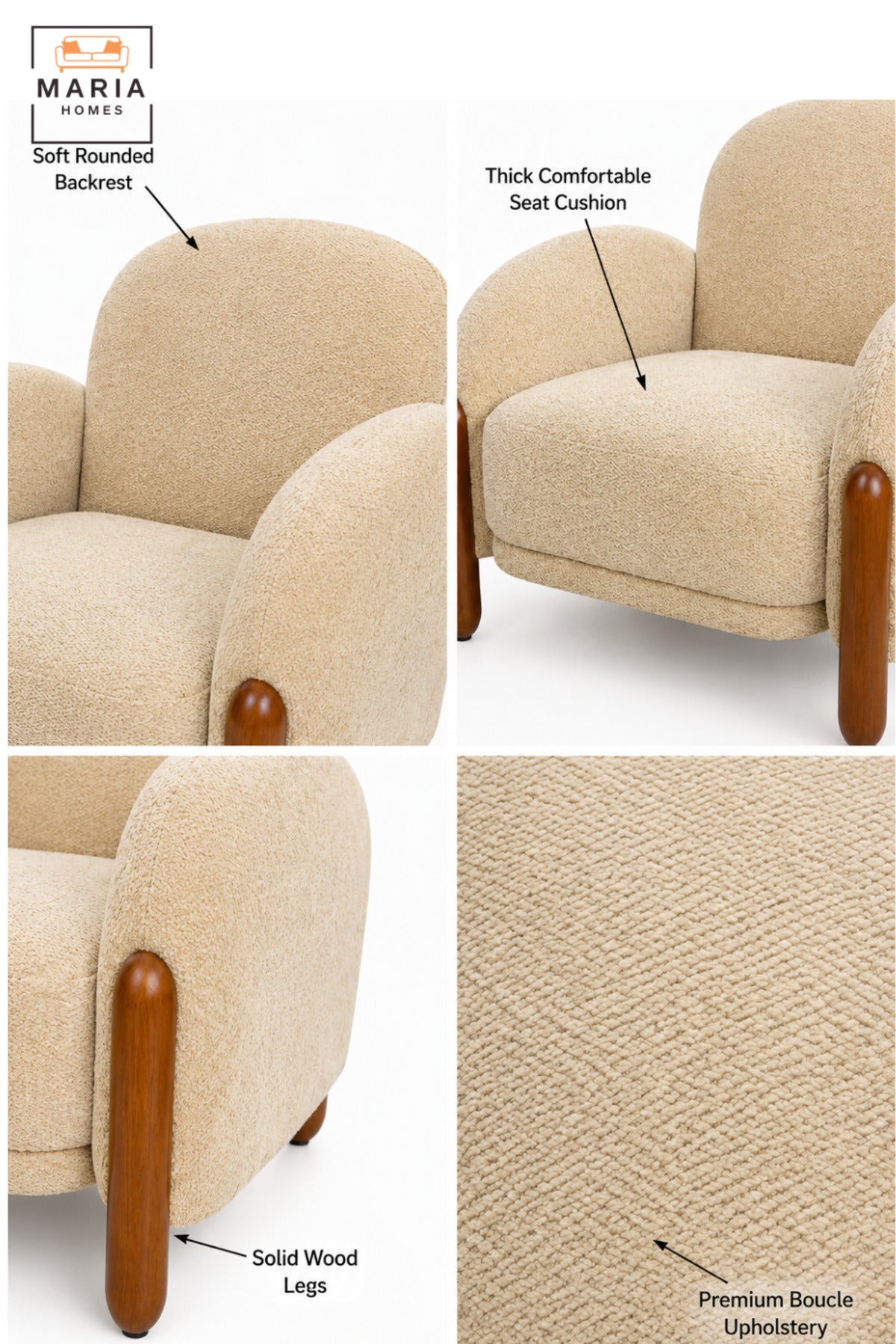 Modern Upholstered Accent Armchair with Curved Backrest, Padded Seat, Rounded Armrests and Wooden Legs | Lounge Chair for Living Room and Bedroom