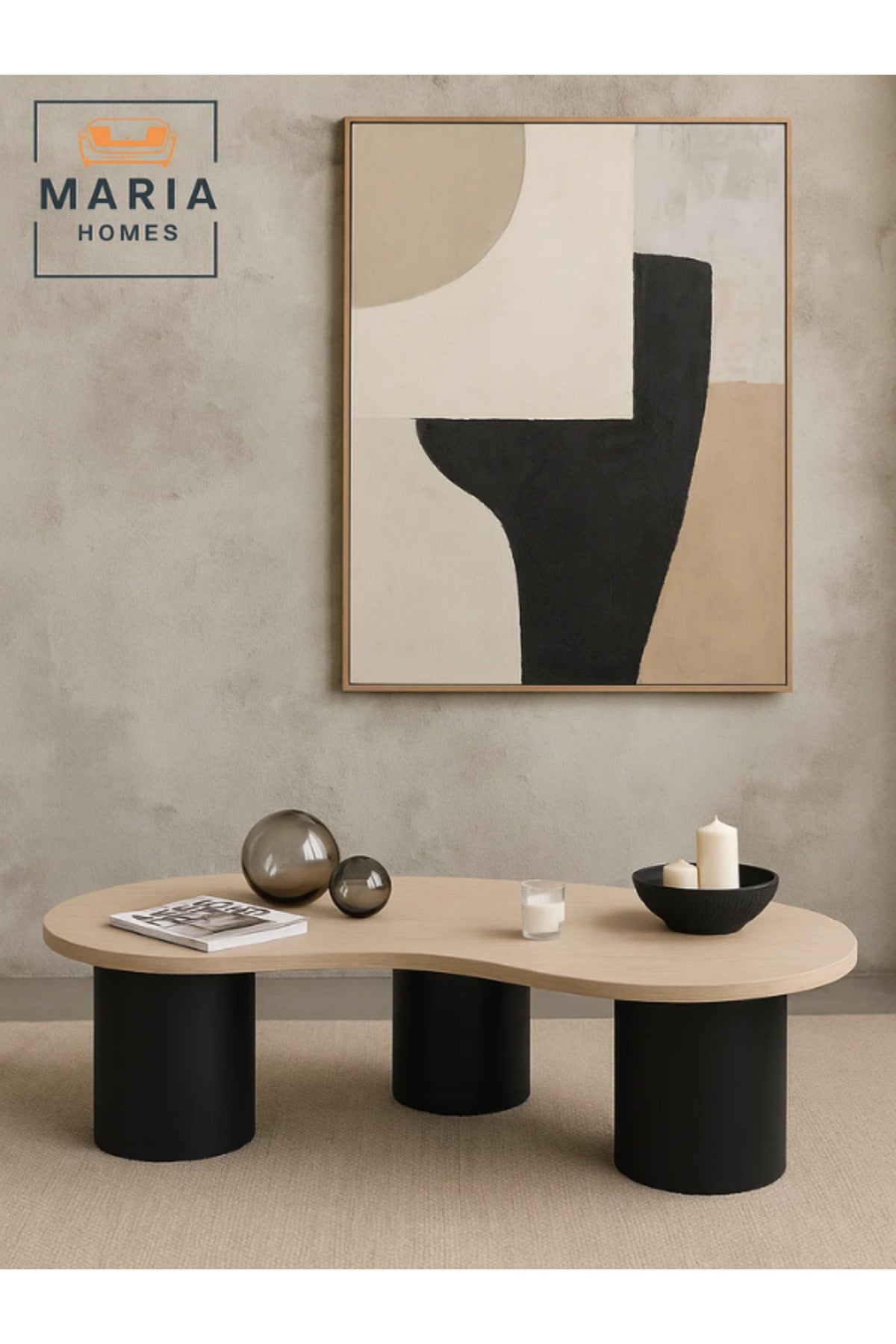 Modern Coffee Table 130_62_40 cm Ð Beige Laminate Top with Black Cylindrical Base