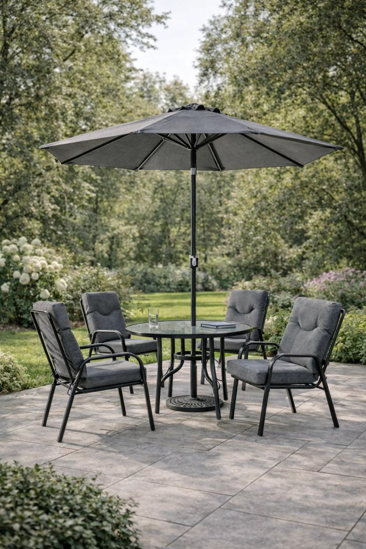 Modern 4 Seater Garden Dining Set with Parasol and Round Table Dark Grey Outdoor Patio Furniture