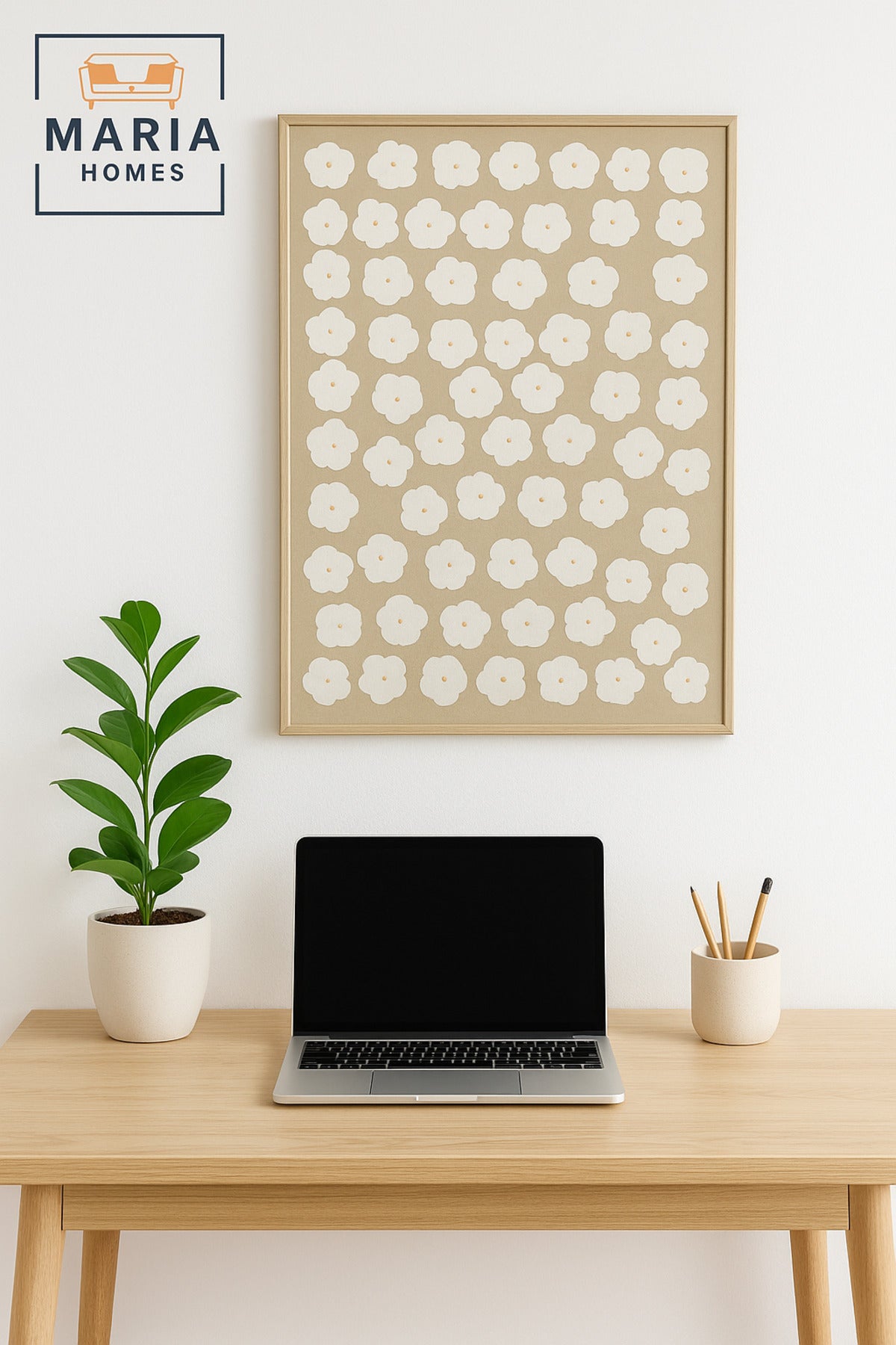Large White & Beige Floral Pattern Wall Art Ð Framed Canvas 120_80 cm
