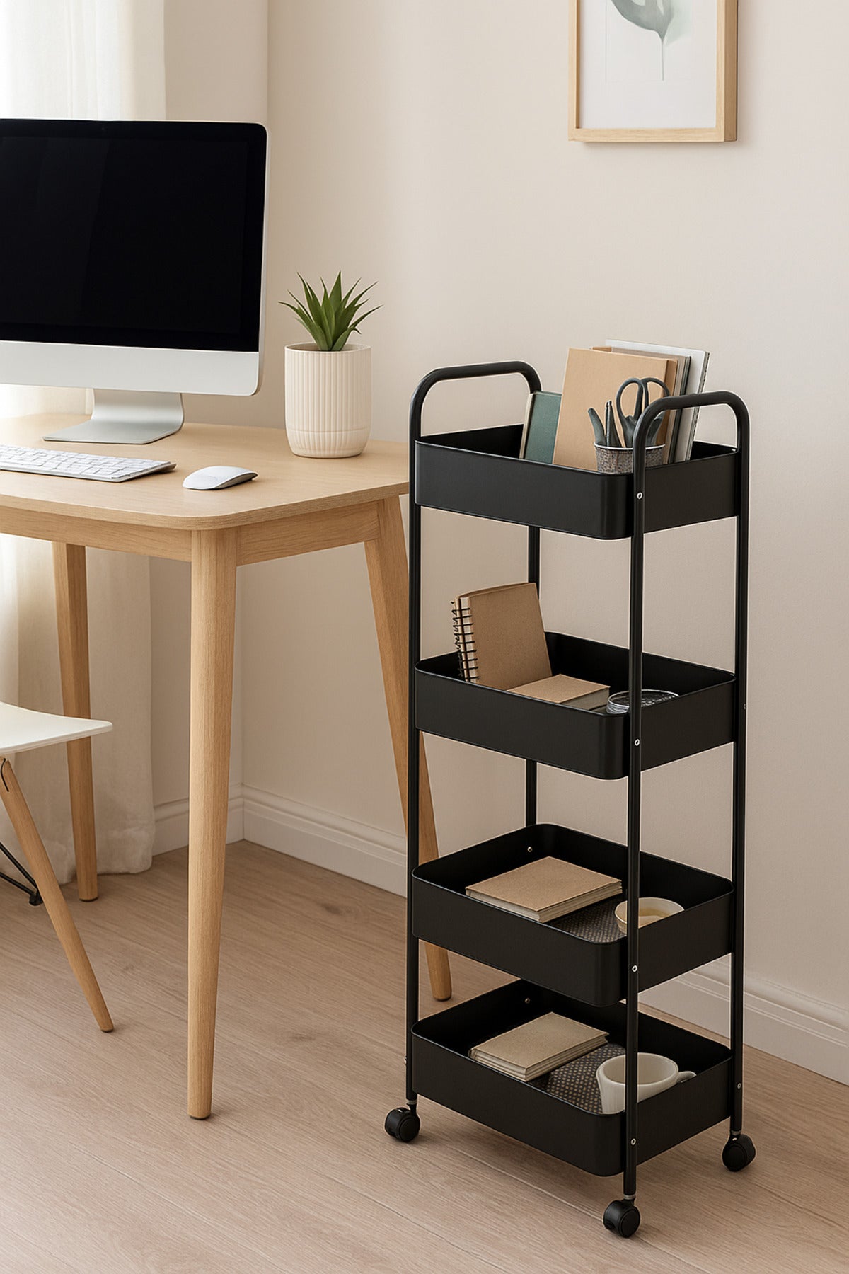 4-Layer Black Metal Storage Trolley with Wheels Ð Tall Slim Rolling Organizer Cart