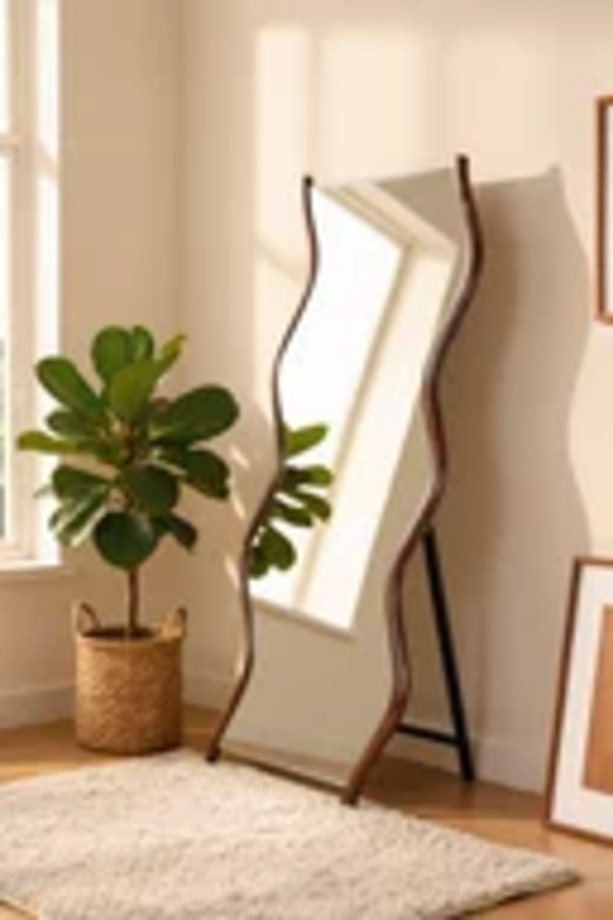 Modern Wavy Full Length Floor Mirror with Dark Wood Frame & Stand