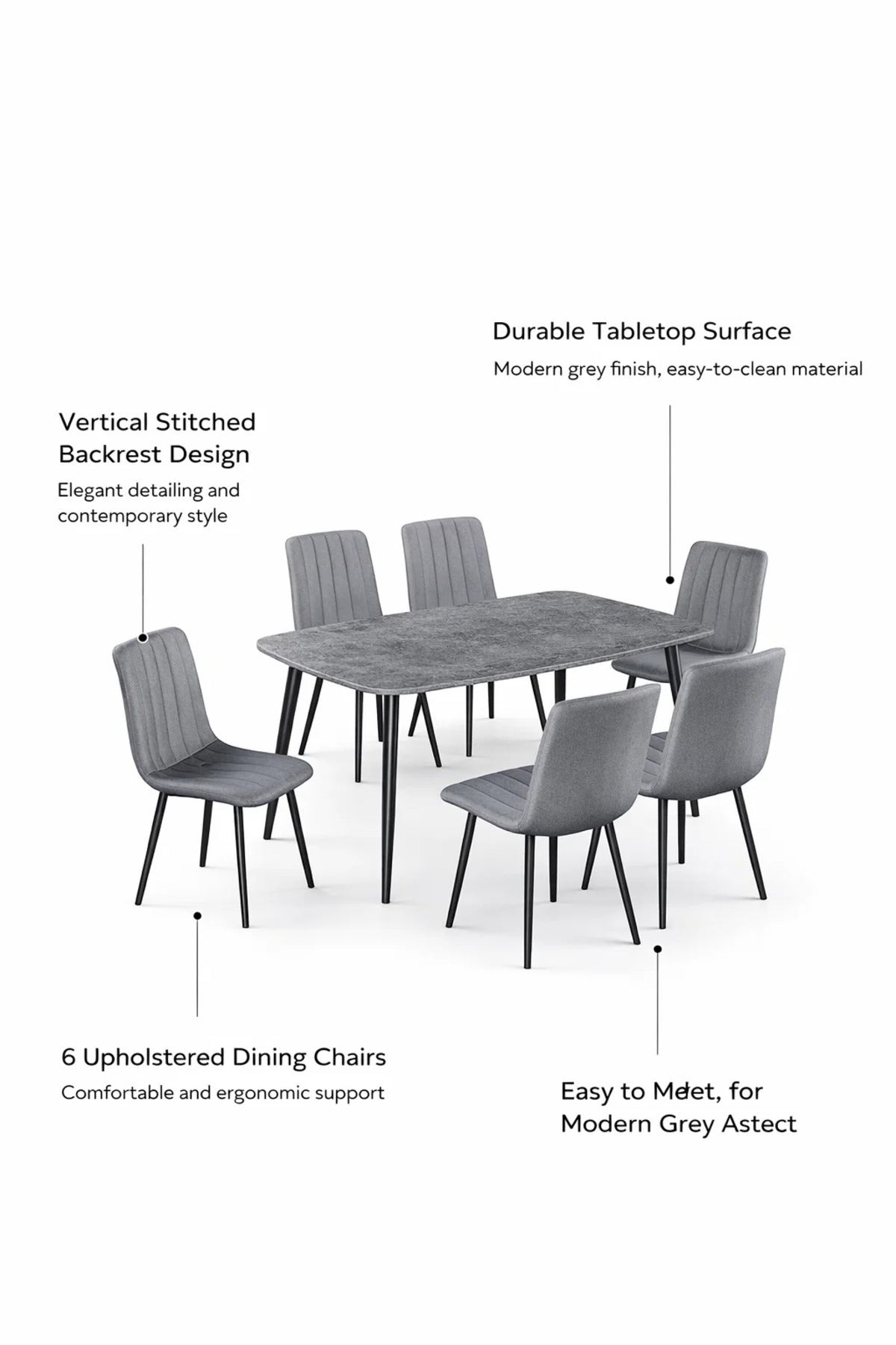 Stylish 7 Piece Dining Room Set Grey Stone Look Table 6 Fabric Chairs Metal Legs 150x90cm