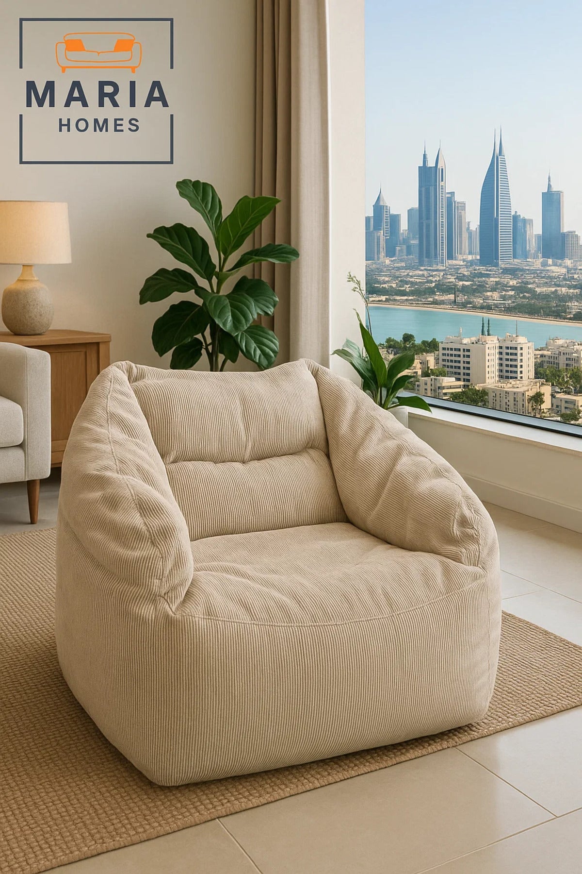 Beige Corduroy Bean Bag Chair Ð Large Floor Lounger with Back and Arm Support