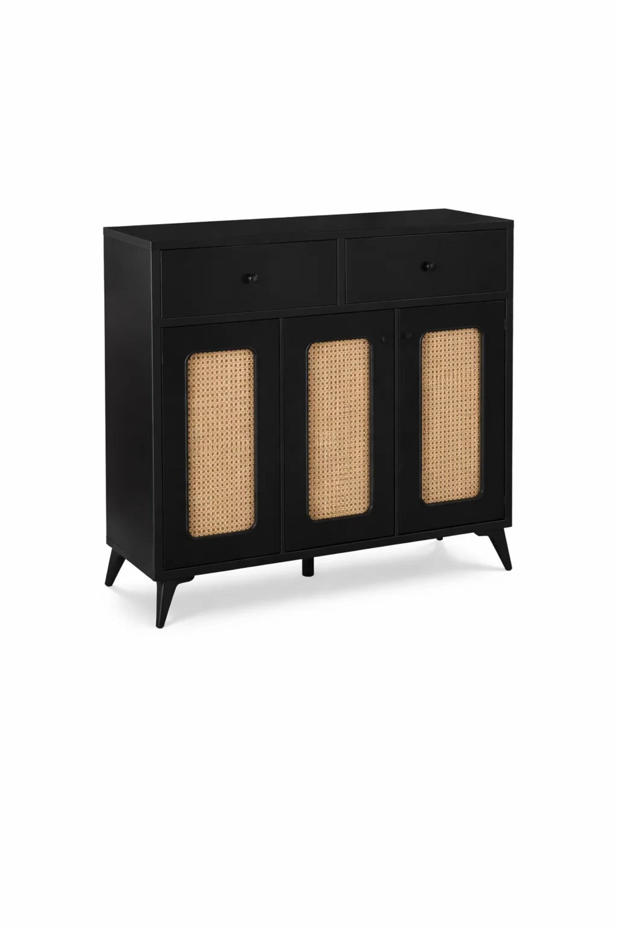Stylish Black Rattan Shoe Cabinet with Drawers Multi Purpose Hallway Console Table Storage Unit