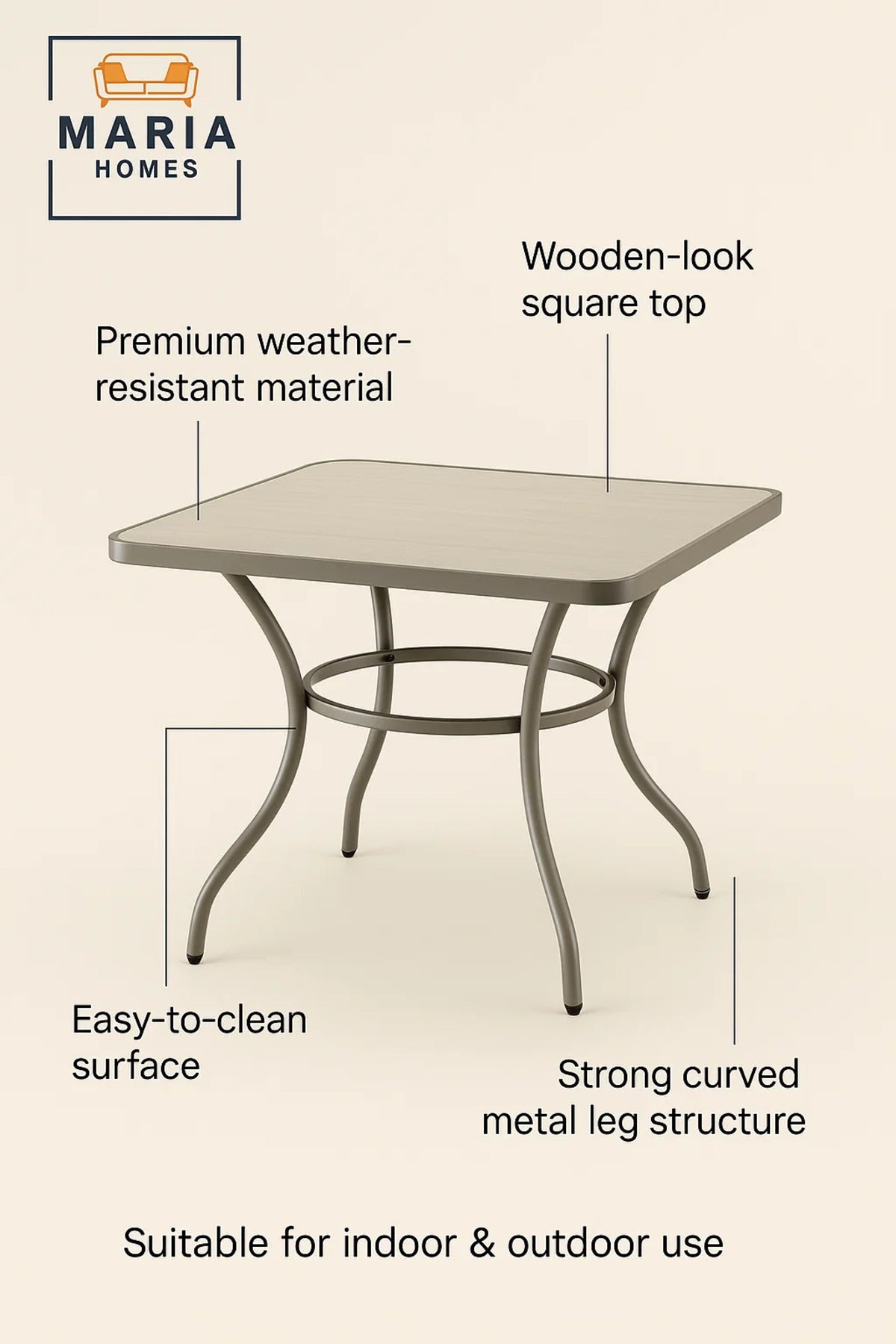 Square Outdoor Dining Table | Modern Beige Metal Patio, Garden & Balcony Furniture