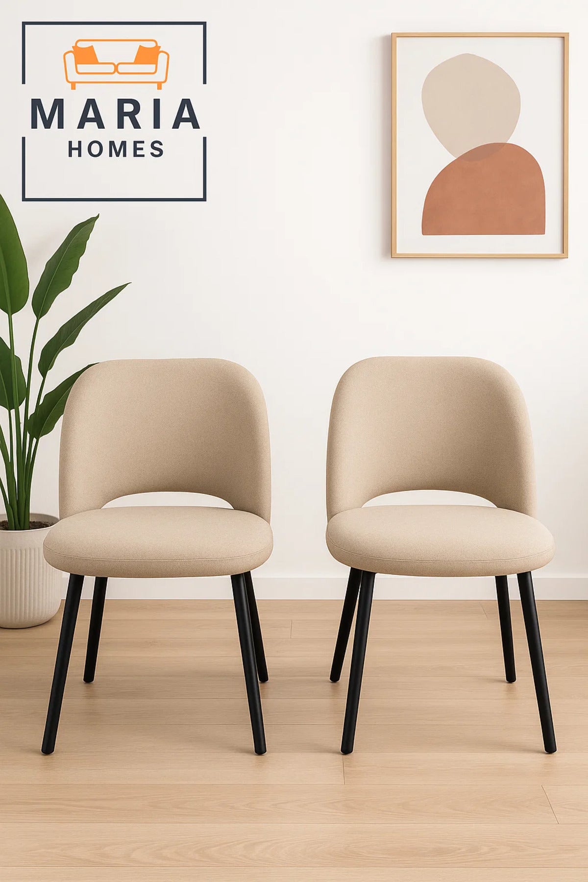 Beige Modern Lounge Chair Ð Curved Upholstered Fabric Seat with Black Legs for Home or Office Use