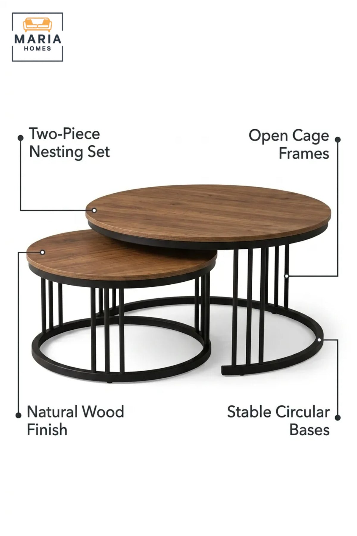 Modern Nesting Coffee Table Set with Round Wood-Effect Tops and Open Frames, Space-Saving Center Tables for Living Room, Lounge and Apartment