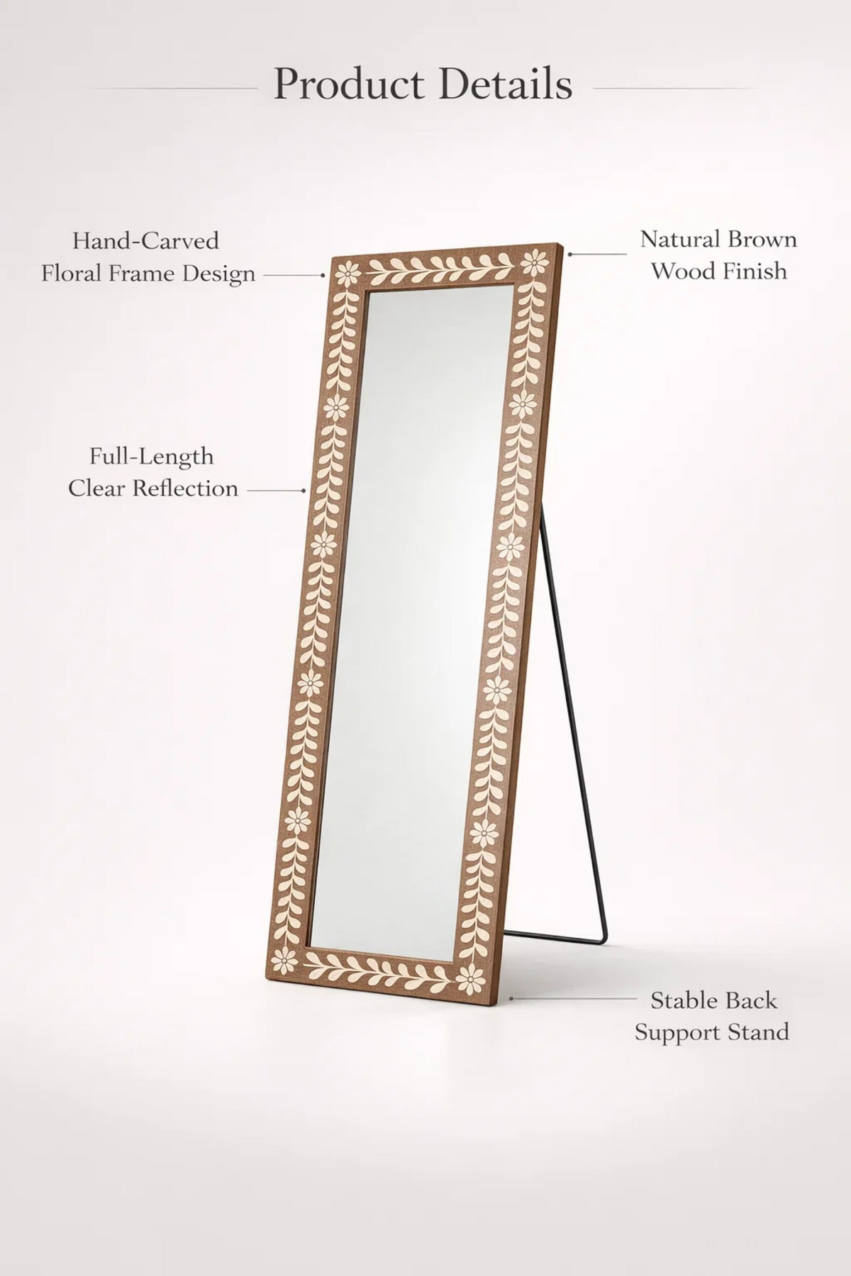 Full Length Mirror Natural Brown Floral Frame 160x60cm Bedroom Decor