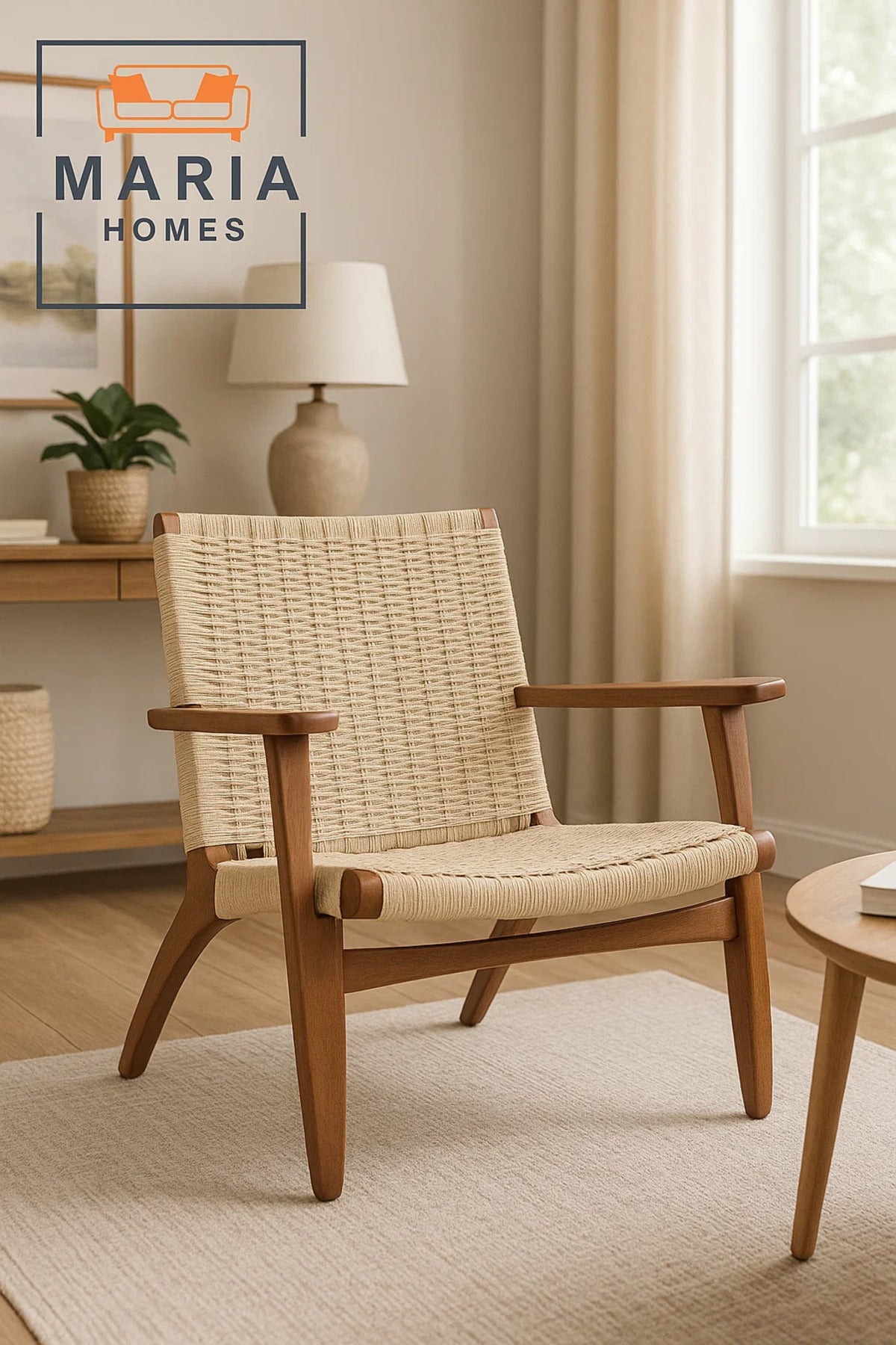 Mid-Century Rope Woven Lounge Chair with Wooden Frame Ð Comfortable Armchair for Indoor Use