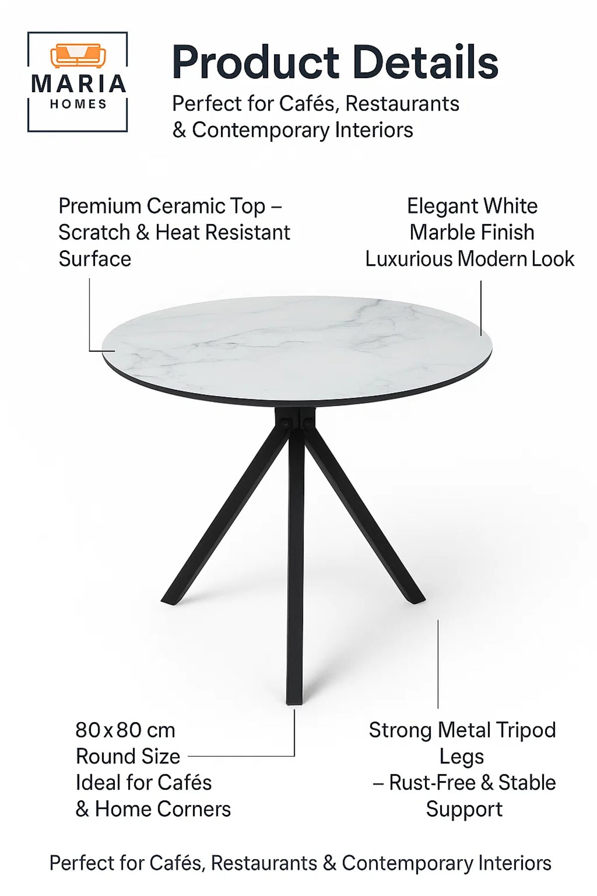 Round White Marble Dining Table √ê Modern Caf≈Ω, Restaurant, Office & Home Metal Furniture 80_80 cm
