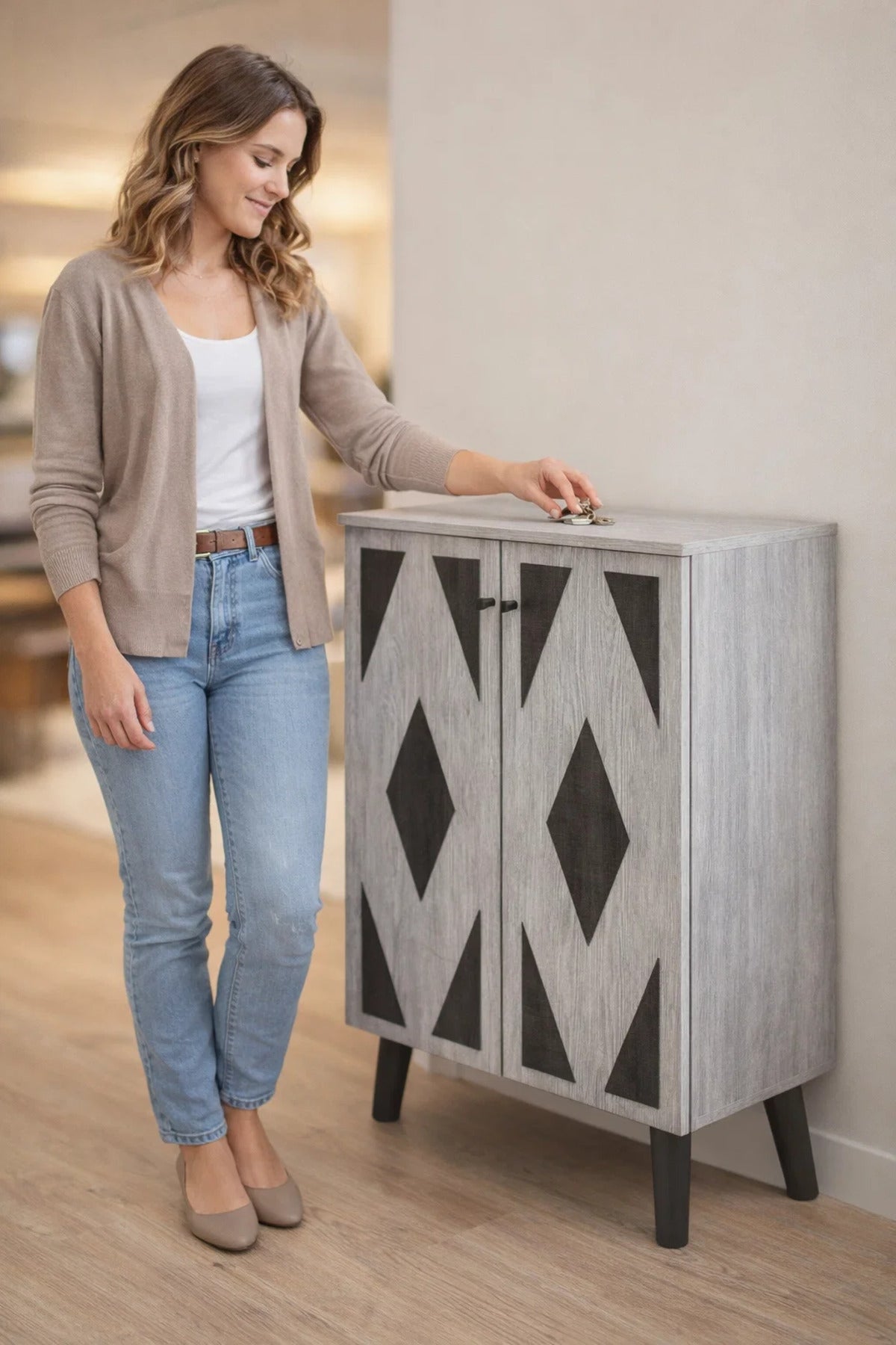 Geometric Grey Shoe Cabinet Compact Hallway Storage Unit Modern Entryway Furniture Organizer