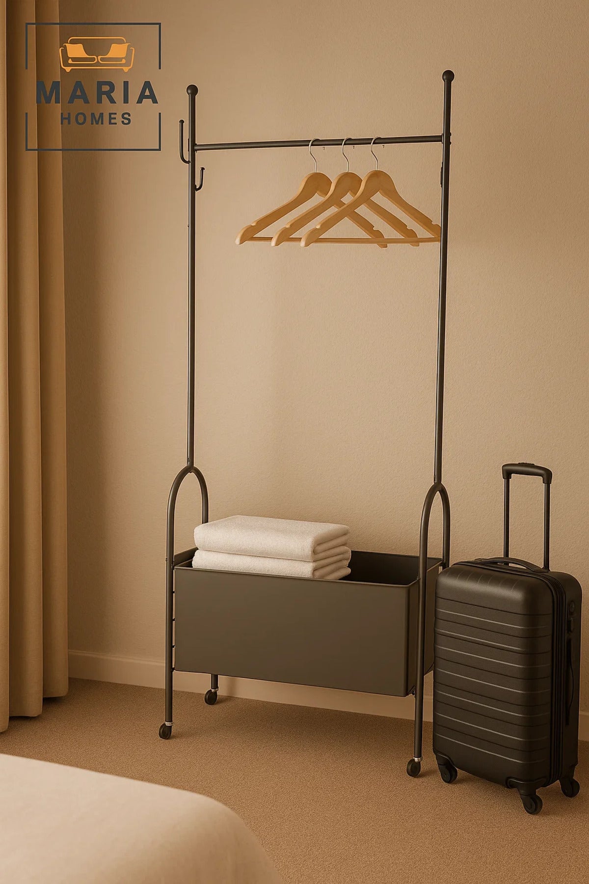 Industrial Black Rolling Garment Stand with Storage Bin