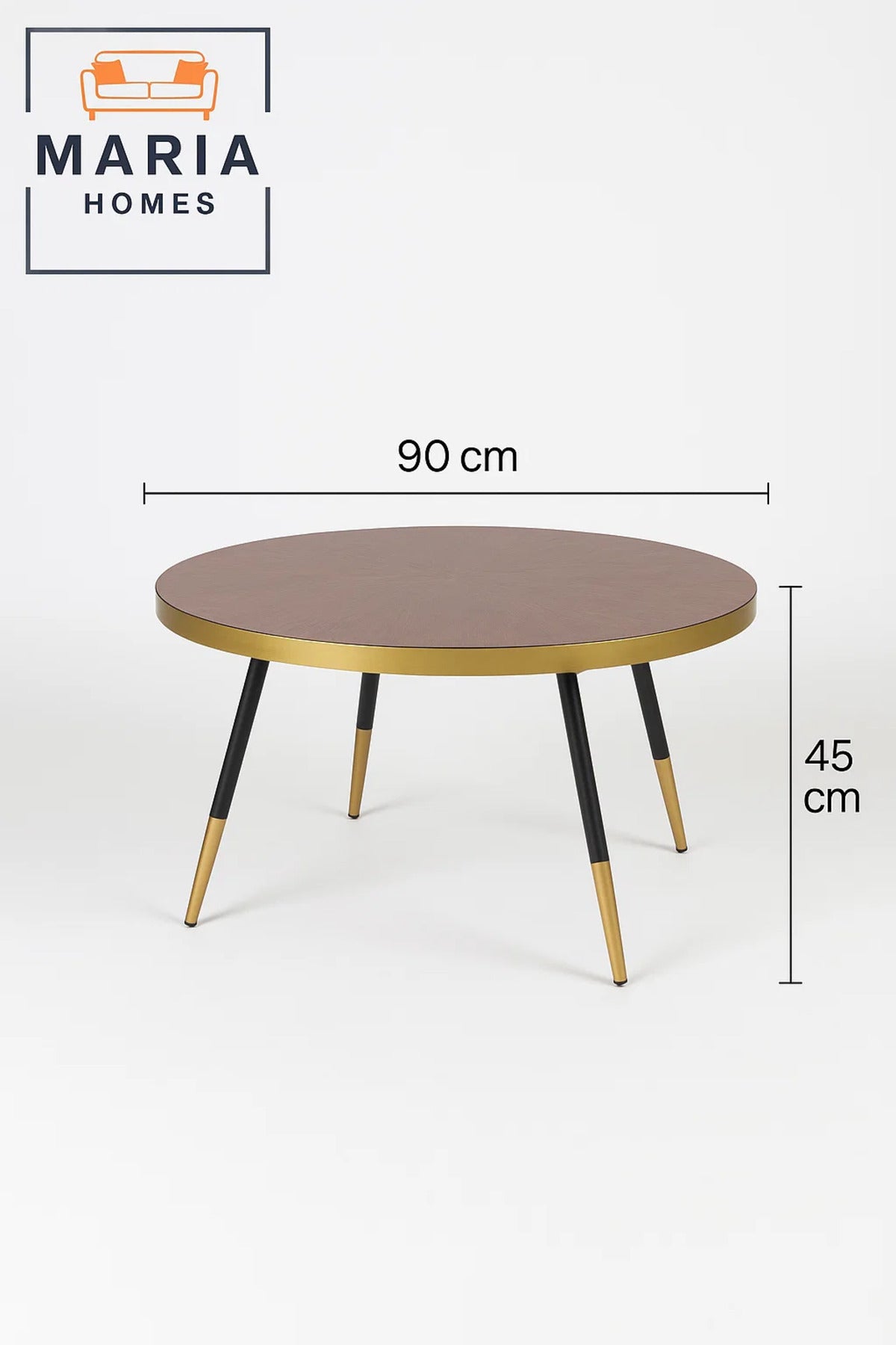 Modern Round Coffee Table Walnut Top with Gold Trim & Black Legs for Stylish Living Rooms