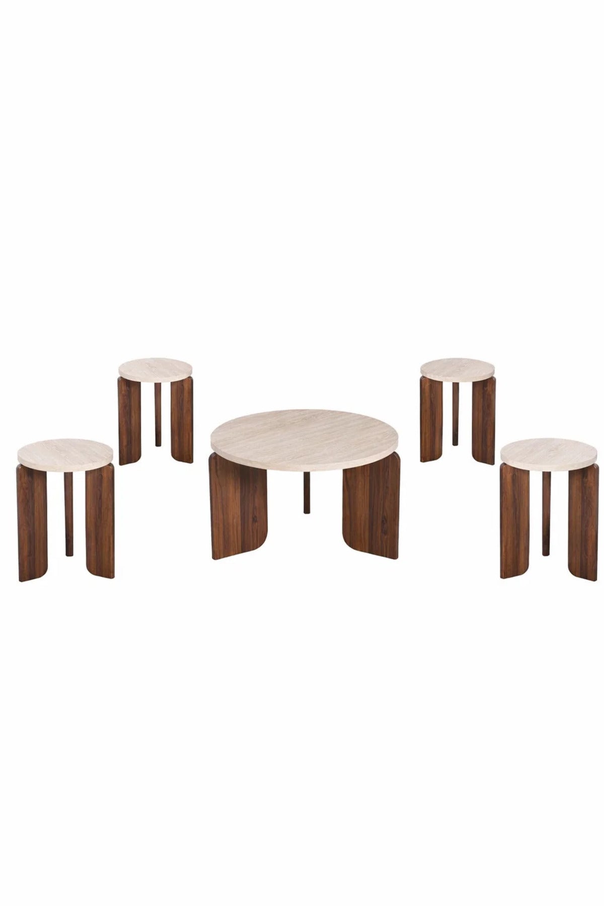 Stylish 1+4 Coffee Table Set Modern Wooden Round Center Table and Nesting Stands Living Room
