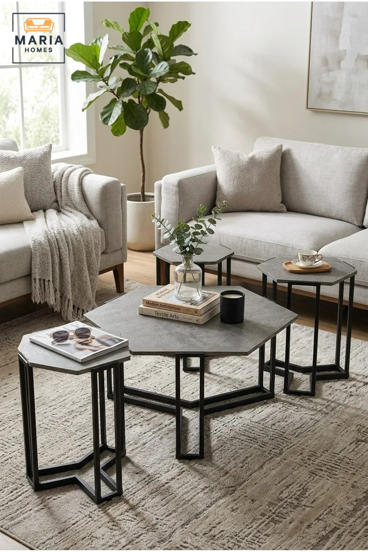 Modern Four-Piece Coffee Table Set with Hexagonal Center Table and Three Nesting Side Tables, Space-Saving Accent Tables for Living Room and Lounge