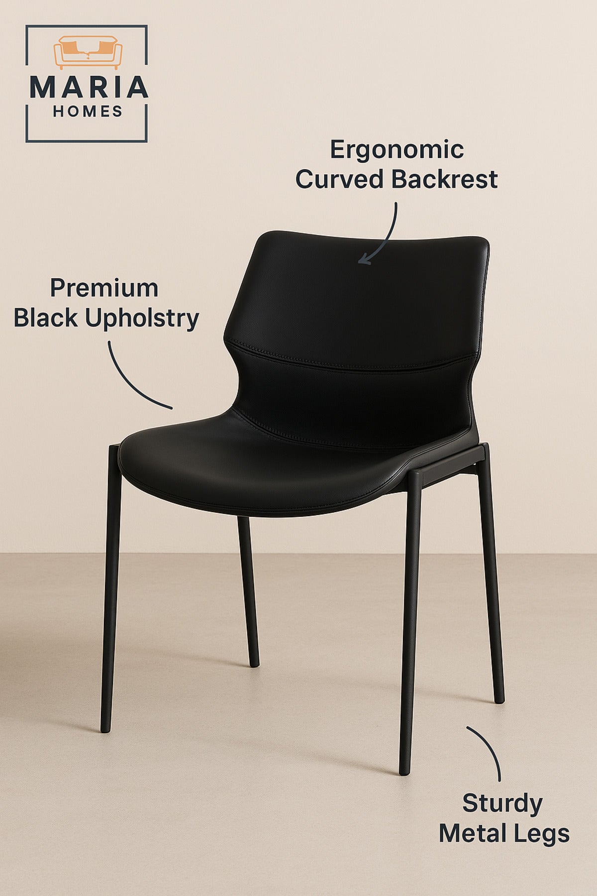 Modern Black Dining Chair with Sleek Metal Legs and Cushioned Seat