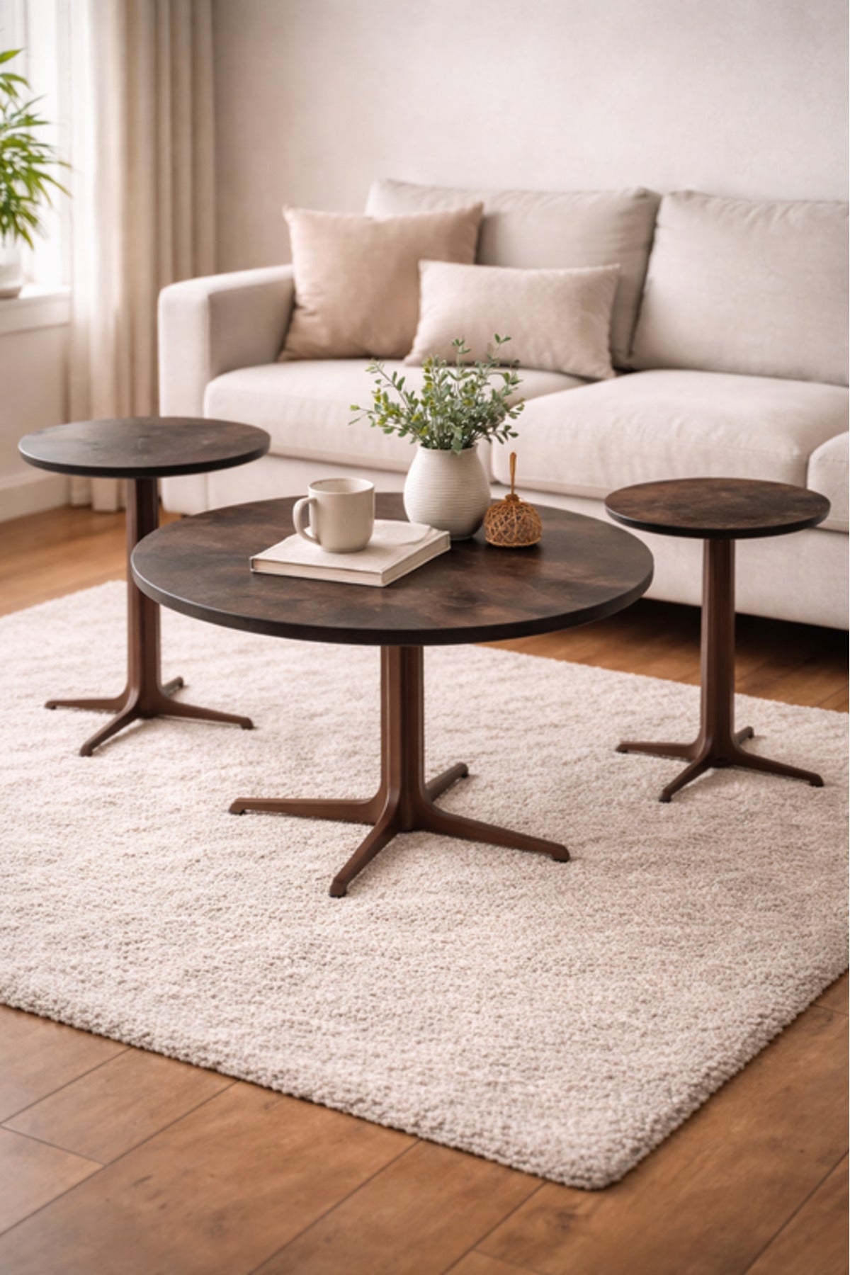 Brown Ceramic Coffee Table Set 1+2 with Metal Base 80_80_48 cm 45_45_55 Side Tables