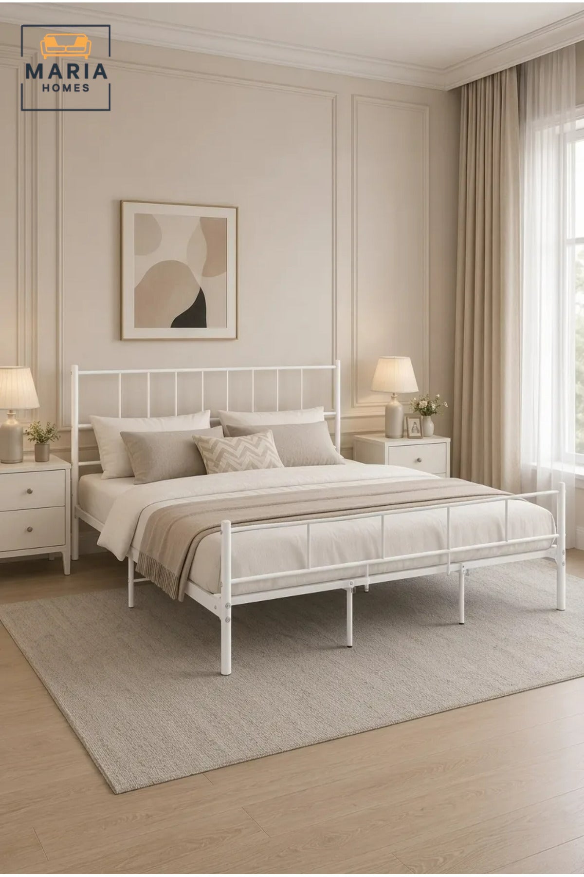 Modern White Metal Bed Frame 180_200 cm Ð Platform Bed with Minimalist Headboard, Heavy Duty Mattress Foundation