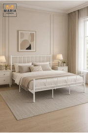 Modern White Metal Bed Frame 180_200 cm Ð Platform Bed with Minimalist Headboard, Heavy Duty Mattress Foundation