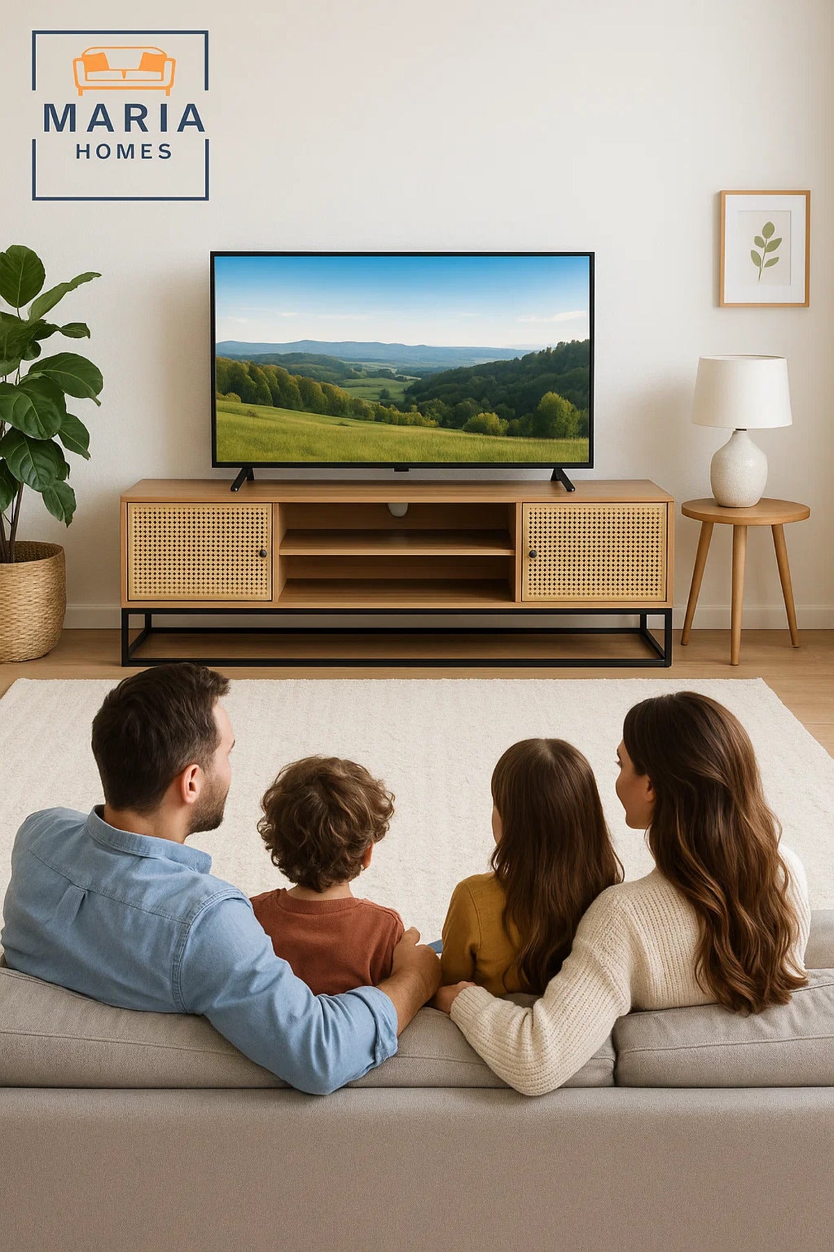 Natural Wood TV Stand with Woven Rattan Doors and Metal Base Ð 180x39x48 cm