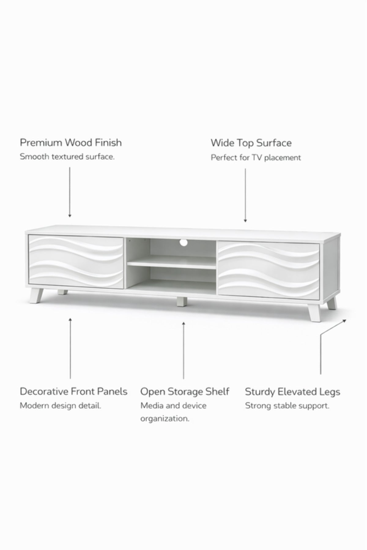 Modern White TV Stand with Decorative Wave Panels and Storage