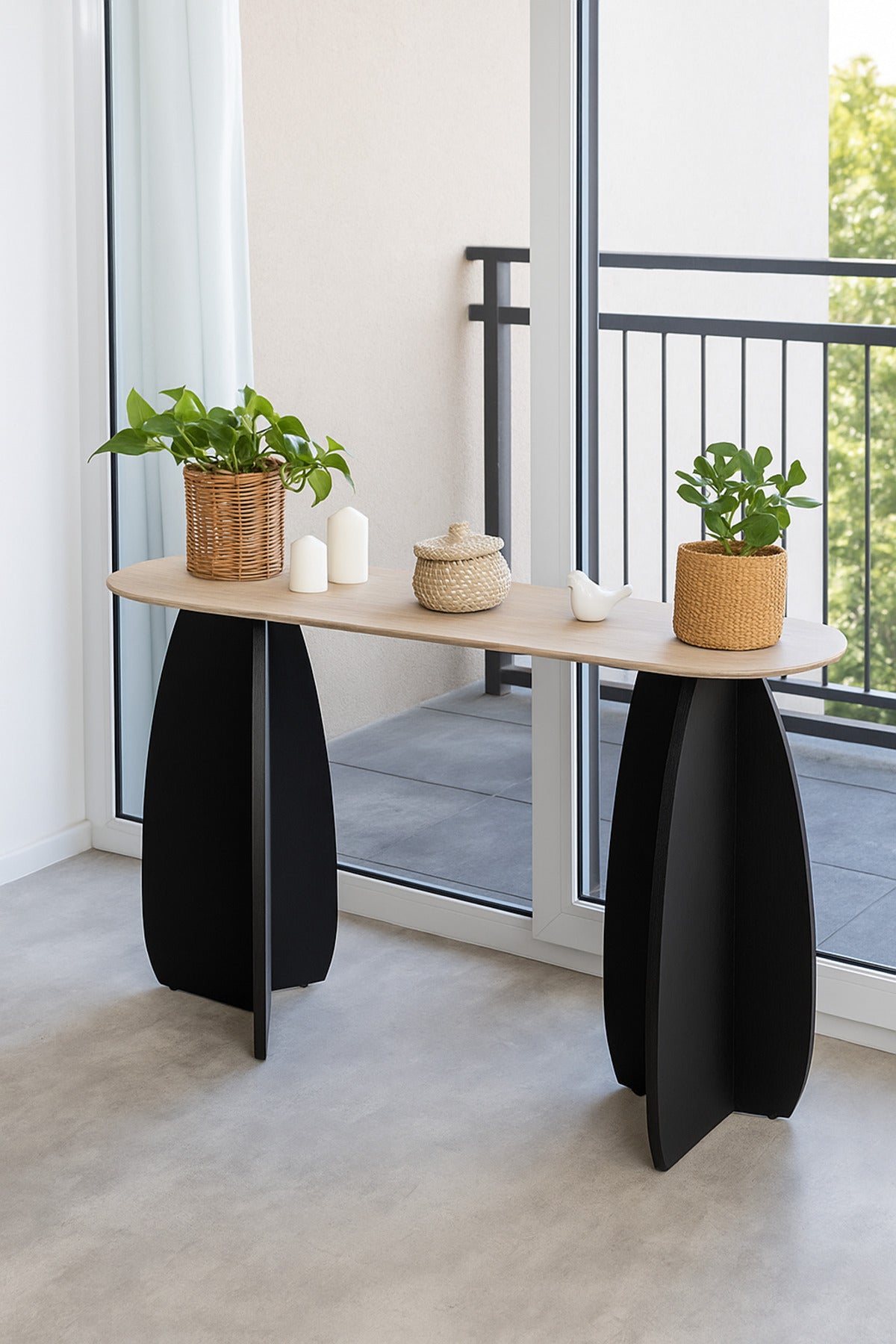 Modern Black Console Table 140_40_80 cm Ð Wooden Base with Beige Top for Entryway & Living Room