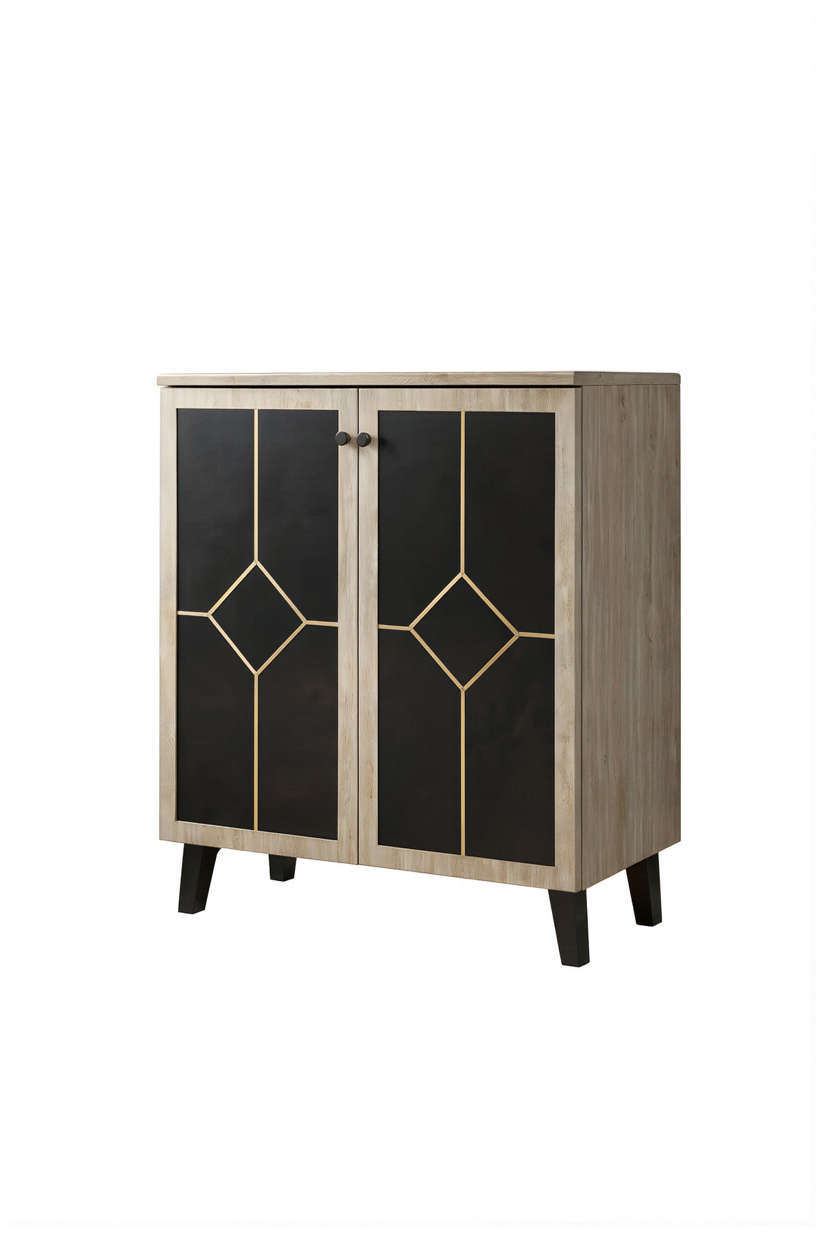 Elegant Two Door Shoe Cabinet Geometric Design Beige and Black Hallway Storage Organizer Unit Stand